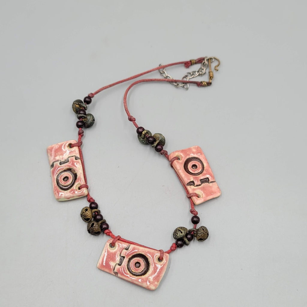 Artisan Necklace Handmade Art Pottery Bells Hand Knotted Cord 16"-18"