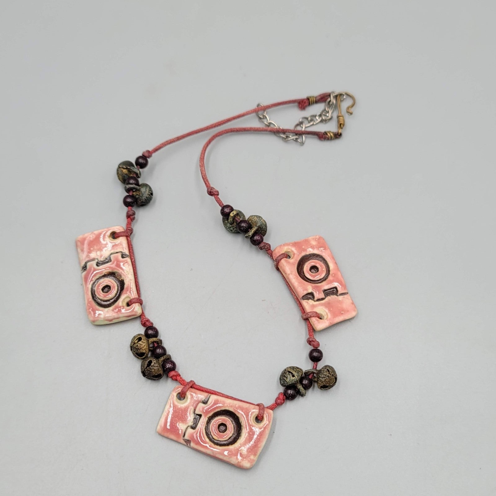 Artisan Necklace Handmade Art Pottery Bells Hand Knotted Cord 16"-18"