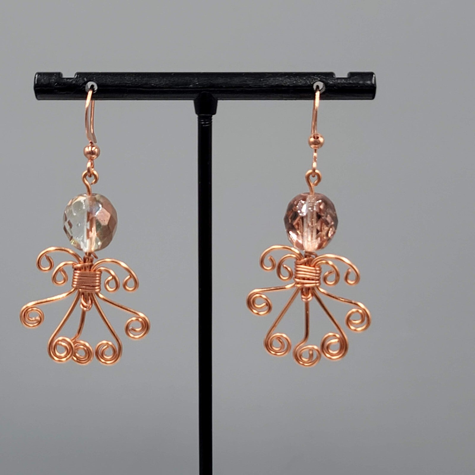 Wire Wrapped Angel Pierced Earrings Copper tone Dangle 1.5"