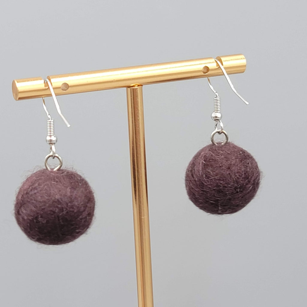 Brown Real Wool Ball Pierced Earrings Silver tone Dangle 3/4"