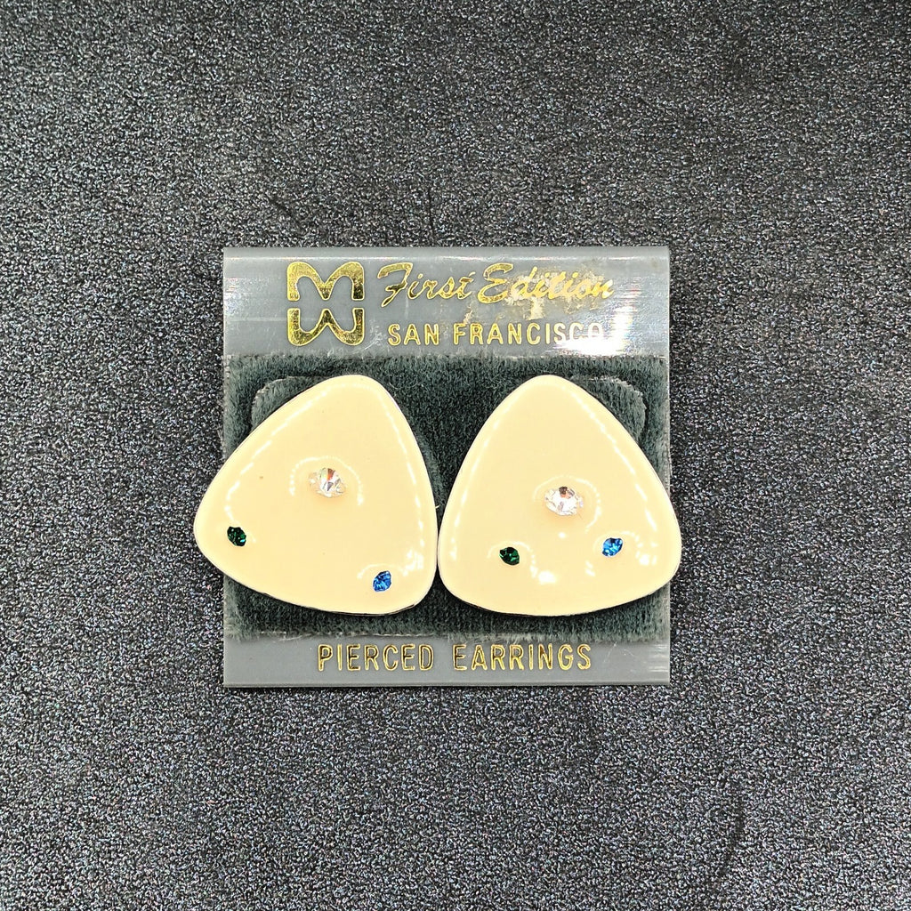 Vintage Pierced Earrings White Enamel Blue Clear Crystal Accent Triangle  1"
