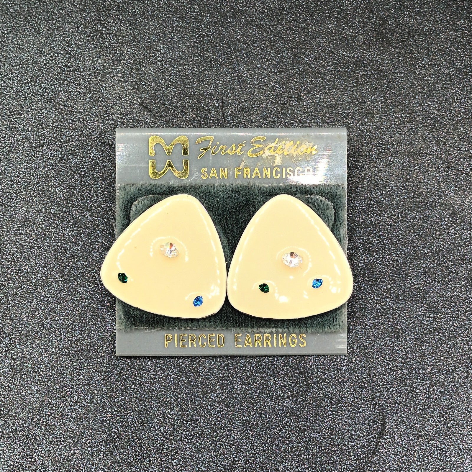 Vintage Pierced Earrings White Enamel Blue Clear Crystal Accent Triangle  1"