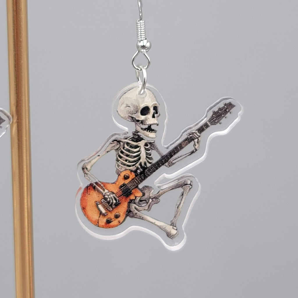 Halloween Skeleton Electric Guitar Pierced Earrings Silver tone Dangle 1.5 in