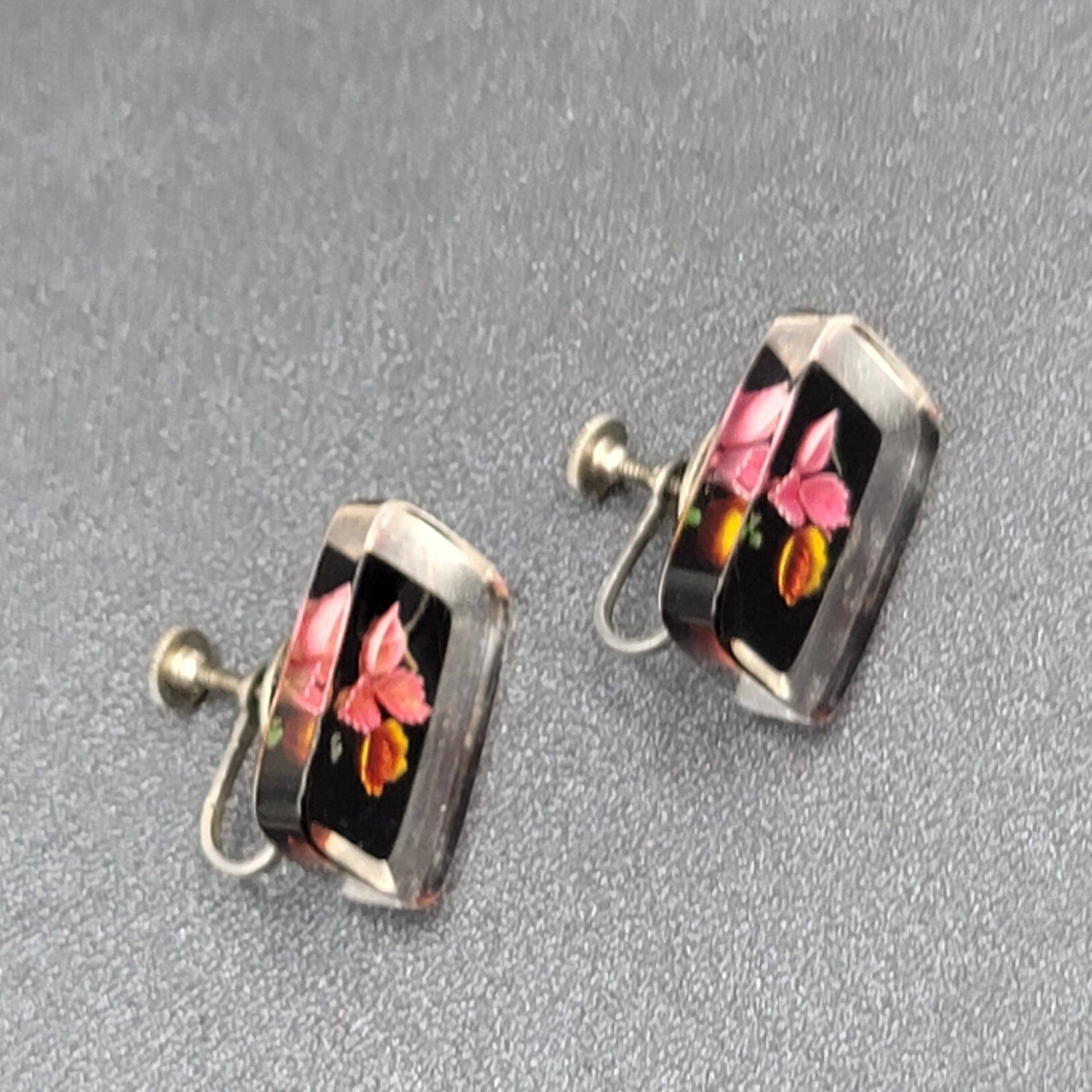 Vintage Clip on Earrings Reverse Carved Lucite Flower Drop 7/8"