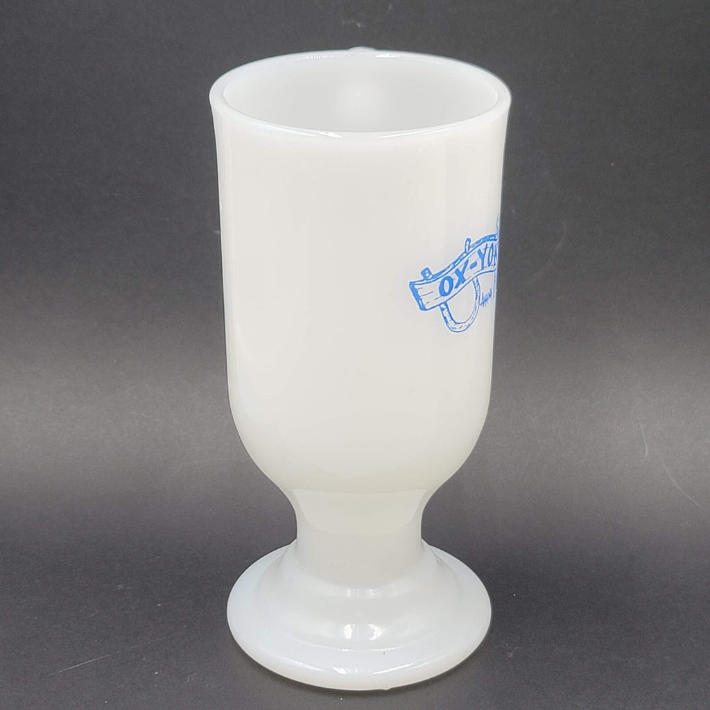 Ox Yoke Inn Amana Iowa Vintage Coffee Mug Milk Glass Blue Lettering