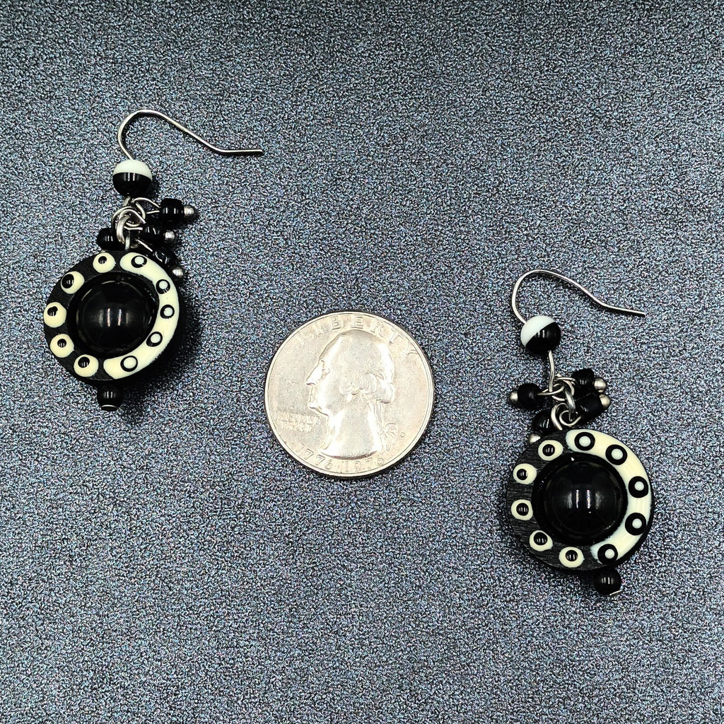 Pierced Earrings Black White Acrylic Captive Bead Statement Dangle 1 1/2"