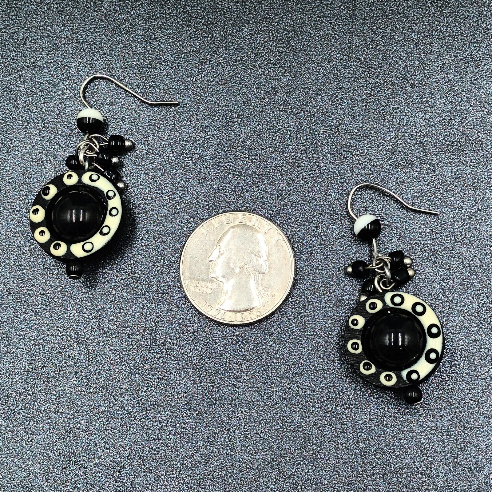 Pierced Earrings Black White Acrylic Captive Bead Statement Dangle 1 1/2"