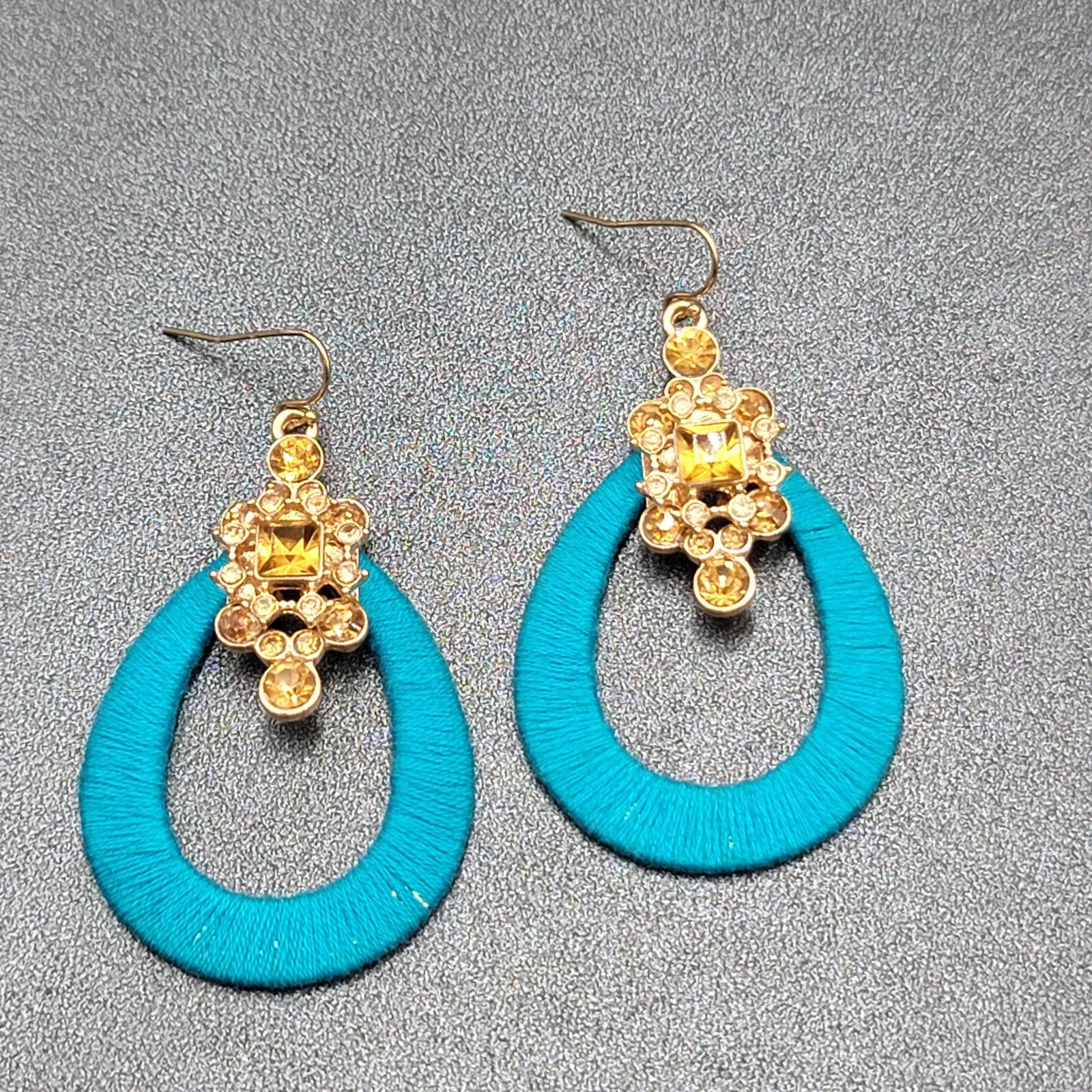 Pierced Earrings Gold tone Yellow Rhinestone Blue String Wrapped Hoops 2.25"