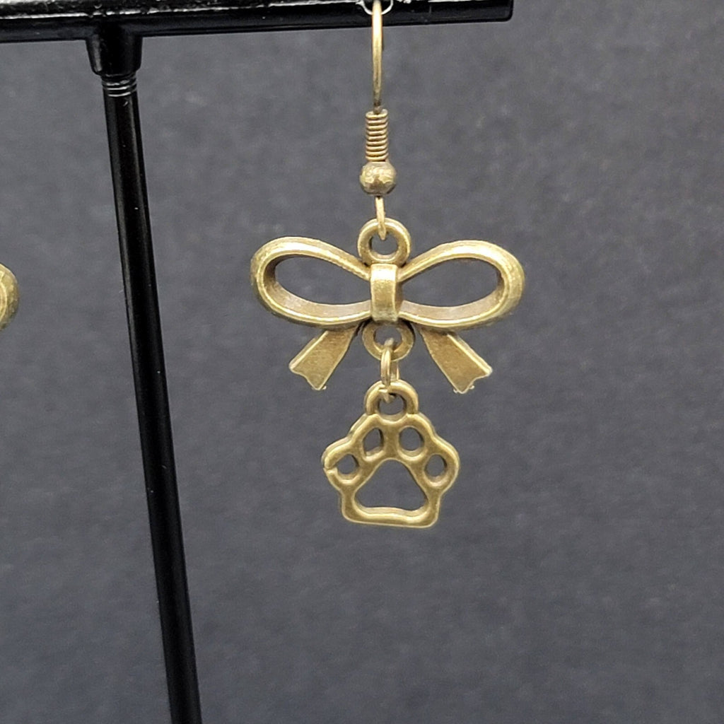 Pierced Bow Dog Paws Earrings Bronze tone Dangle 7/8"