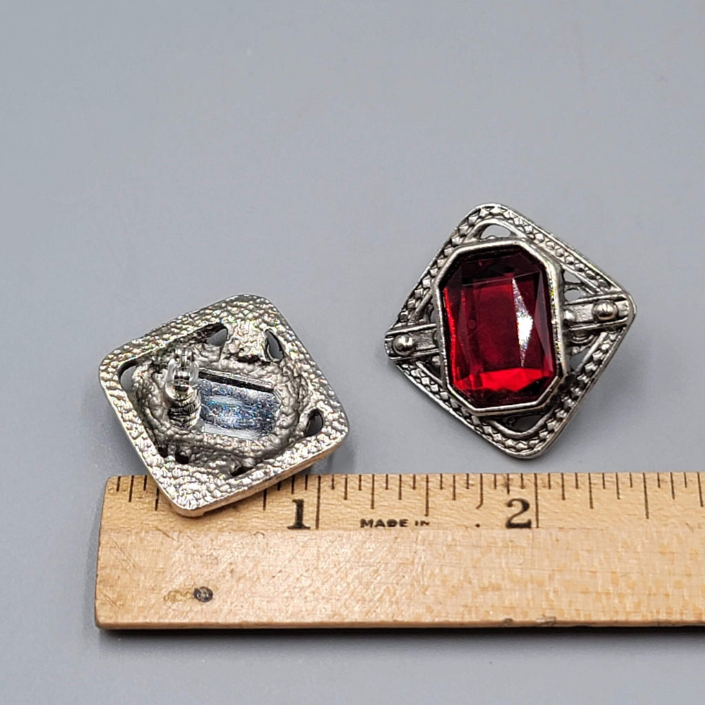 Vintage Pierced Earrings Silver tone Red Center Drop Statement 1.25"