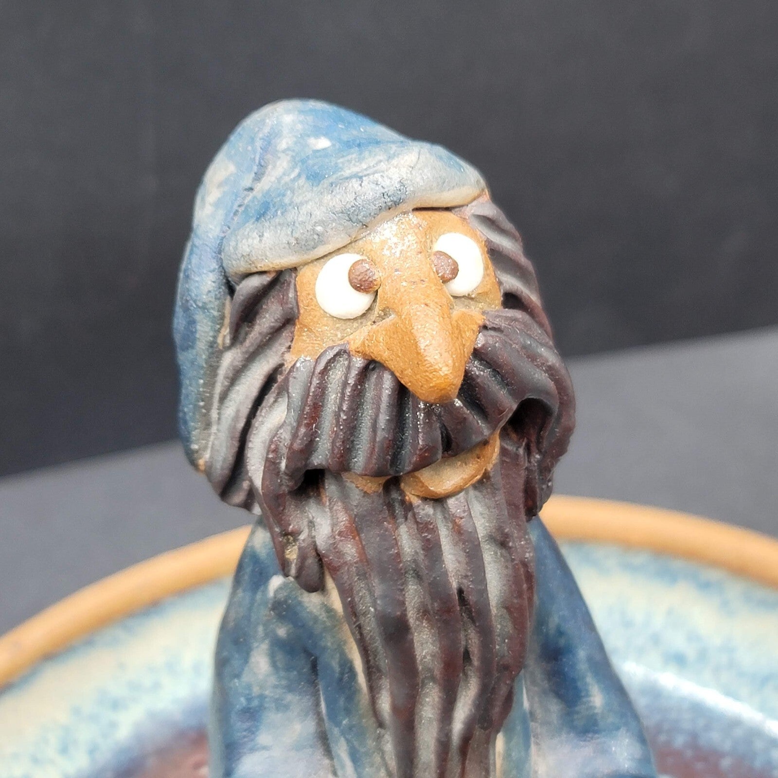 Vintage Folk Art Pottery Wizard Warlock Candle Holder Dish 7.5"