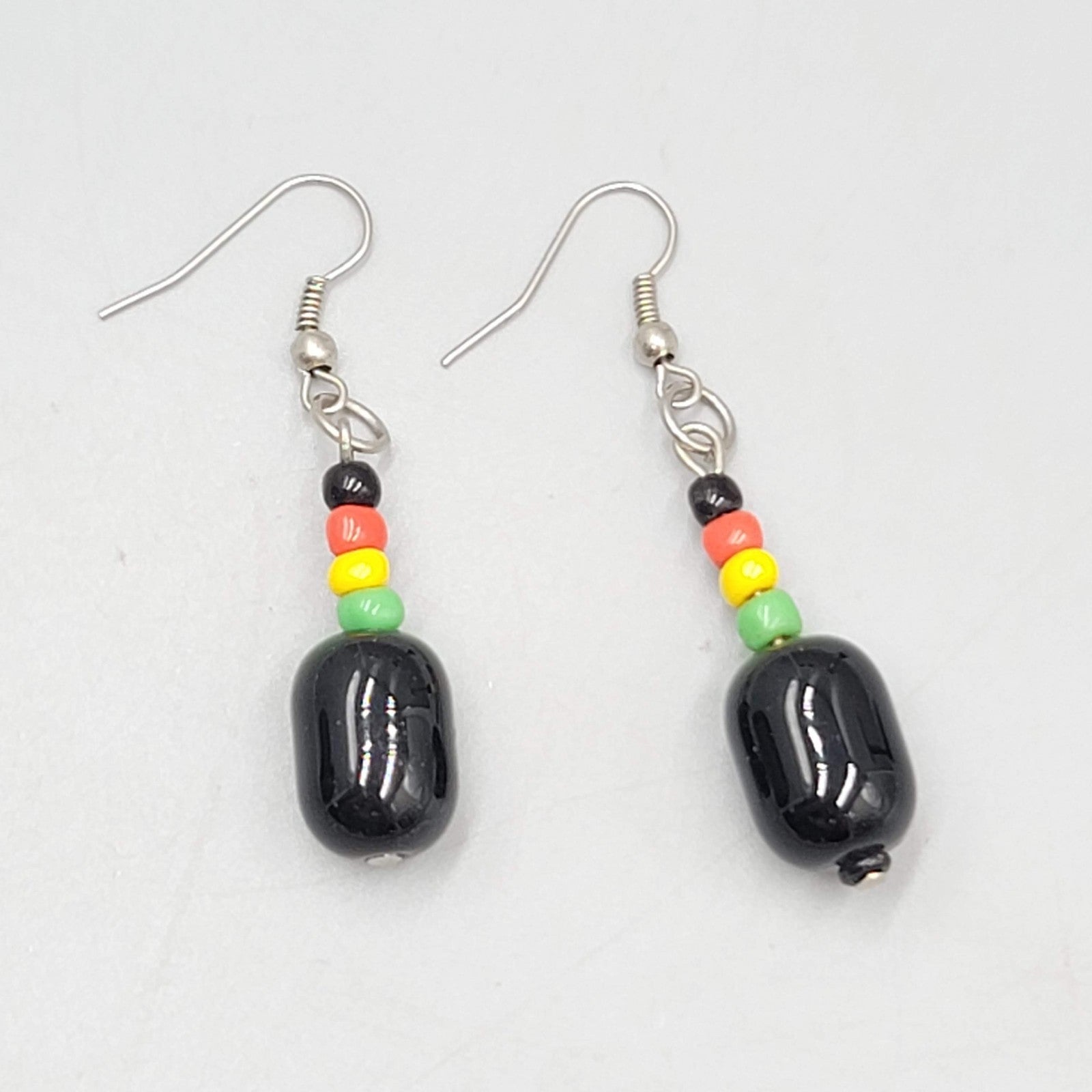 Rasta Beaded Pierced Earrings Silver tone Dangle 1.25"
