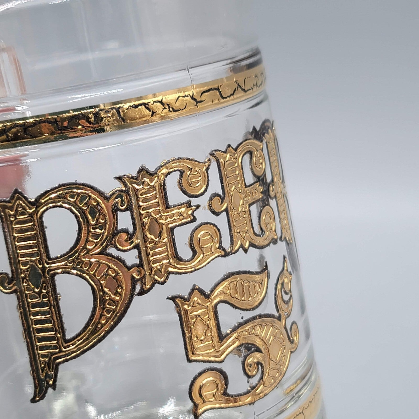 Vintage Glass Beer Mug Five Cent Gold Trim Tavern Barware