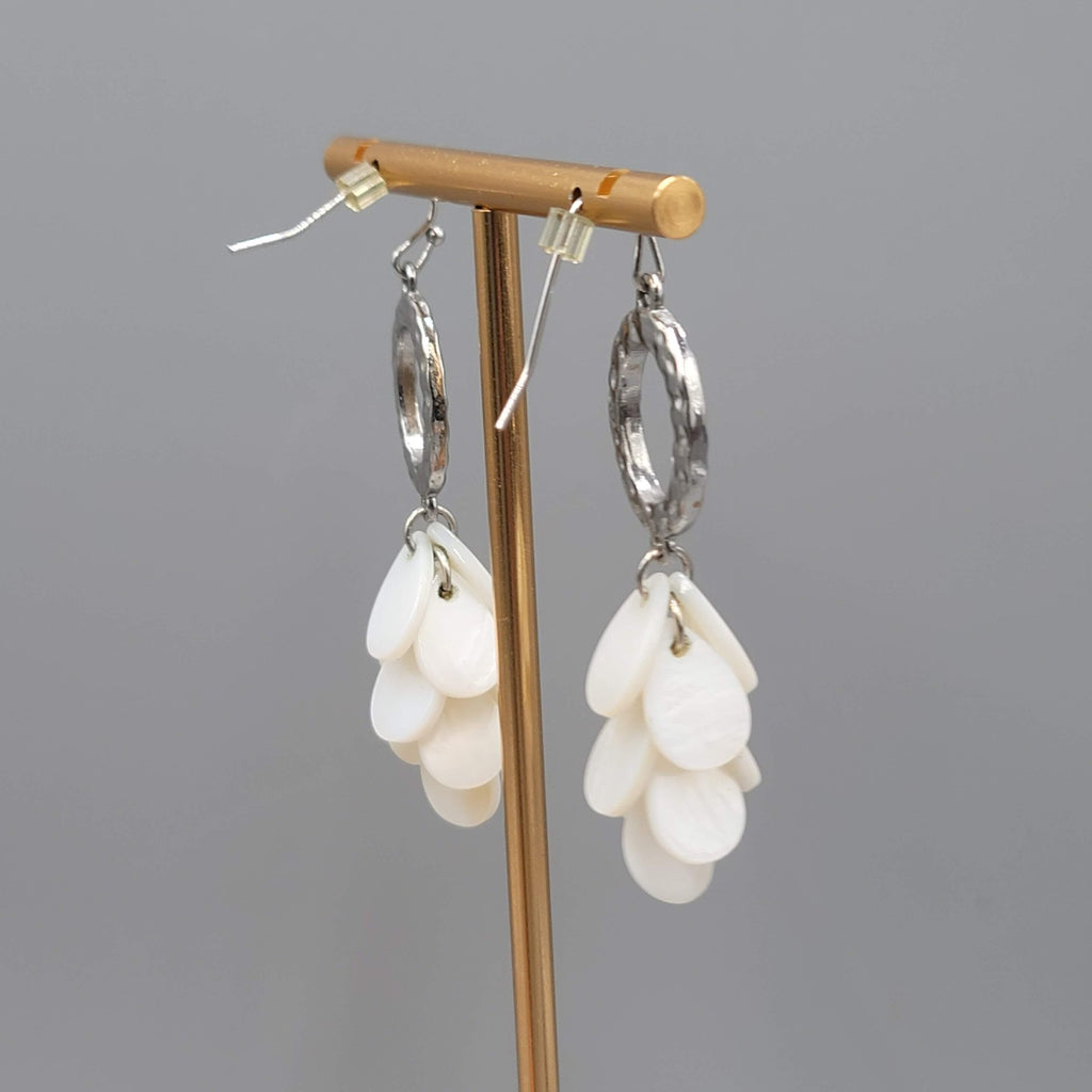 White Shell Pierced Earrings Hammered Silver tone Dangle 2 in