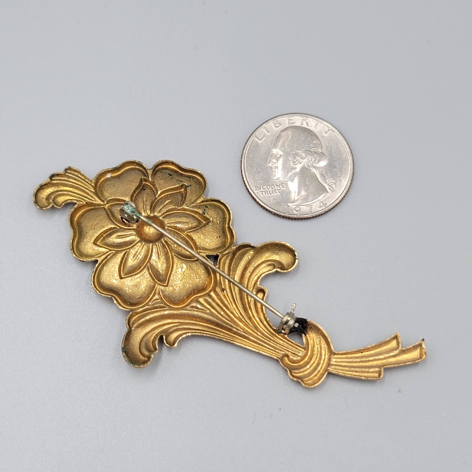 Vintage Flower Brooch Embossed Gold Tone Metal 3 3/8""