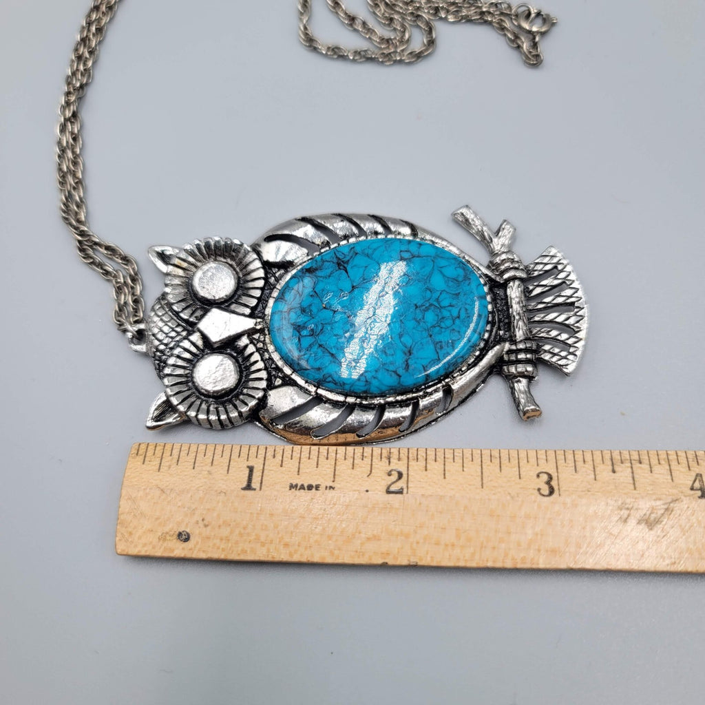 Vintage Owl Necklace Silver tone Blue Speckle Acrylic Large 3.5" Pendant 24" L