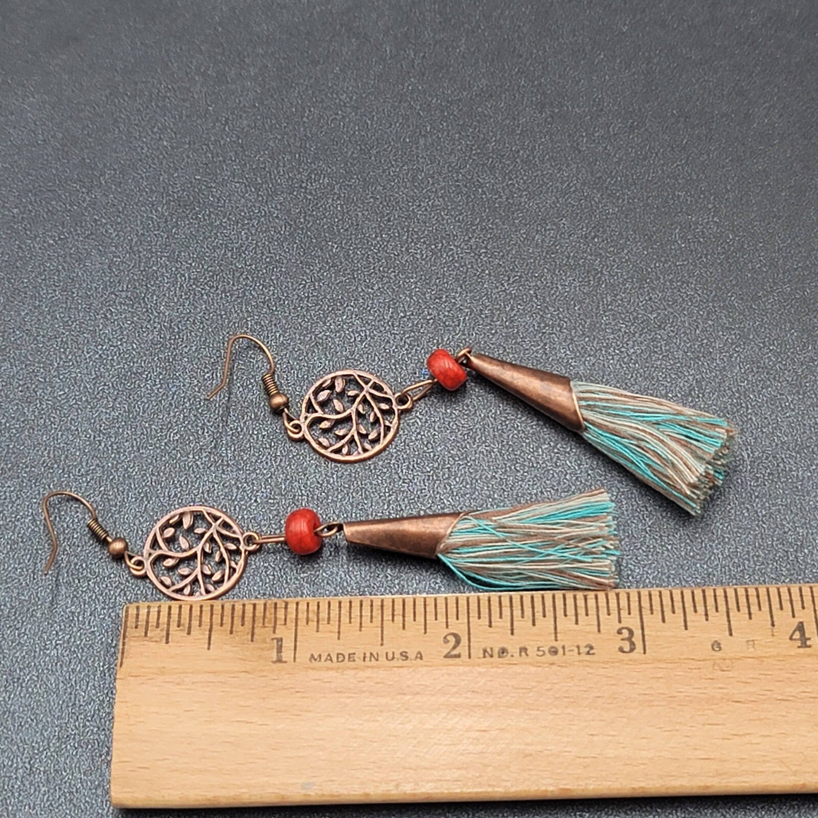 Pierced Earrings Copper tone Round Open Work Tassel Beaded Dangle 3"