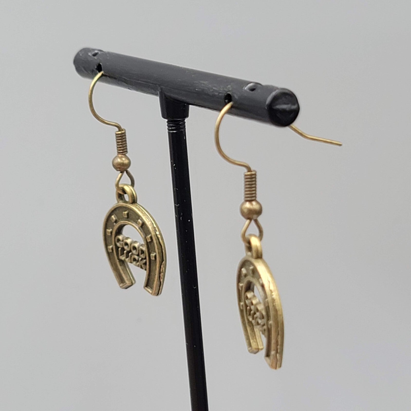 Good Luck Horseshoe Pierced Earrings Bronze tone Dangle NEW 3/4"