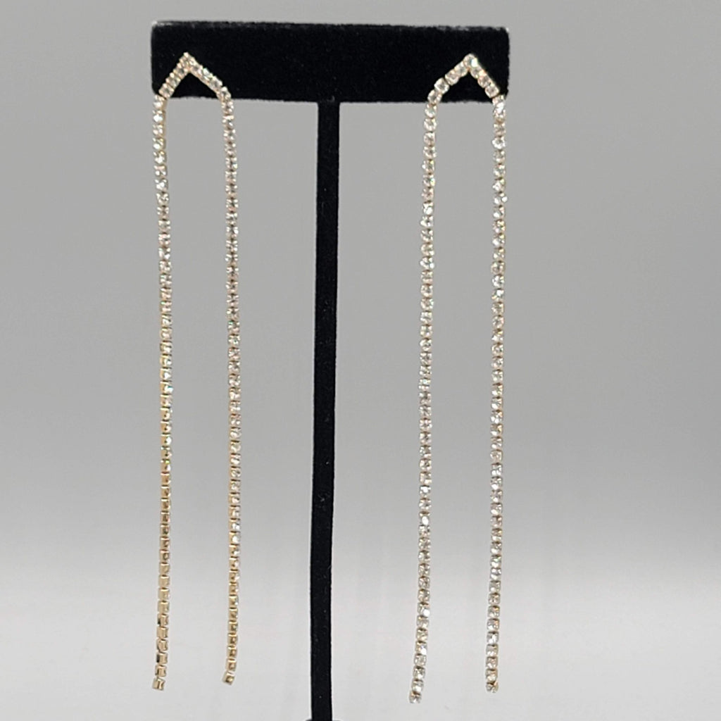 LONG Rhinestone Pierced Earrings Gold tone Dangle Prom Wedding Gala 4.75 in