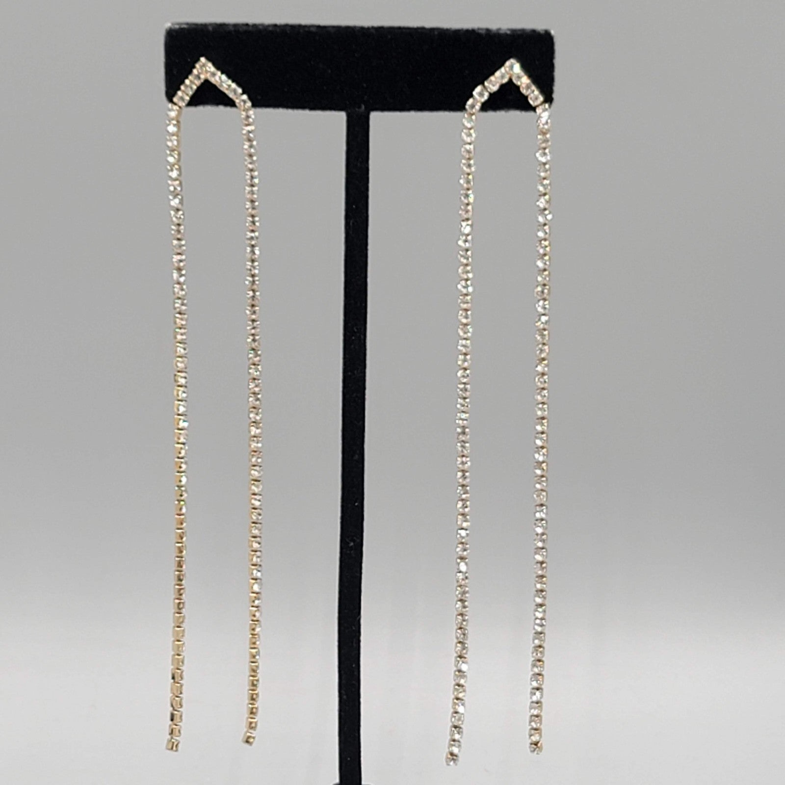 LONG Rhinestone Pierced Earrings Gold tone Dangle Prom Wedding Gala 4.75 in
