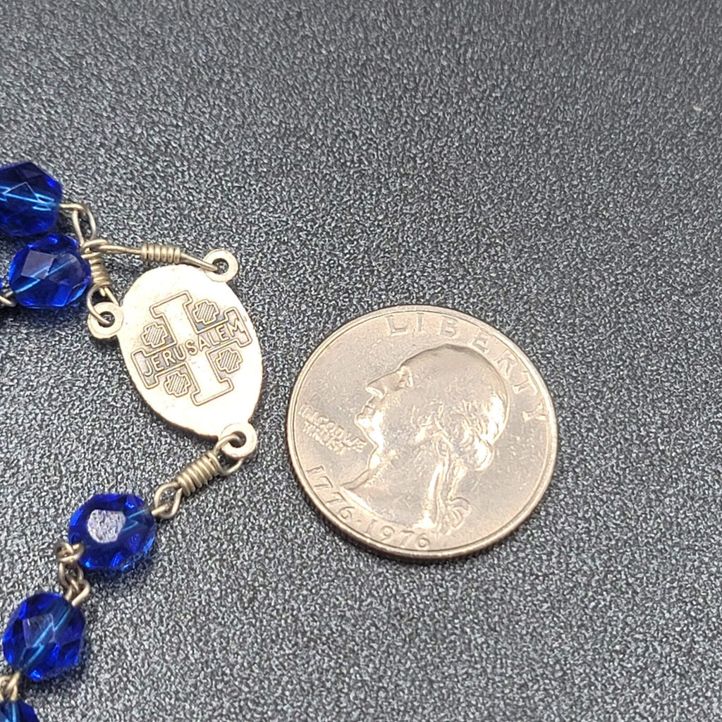 Blue Faceted Bead Catholic Rosary Crucifix Silver tone