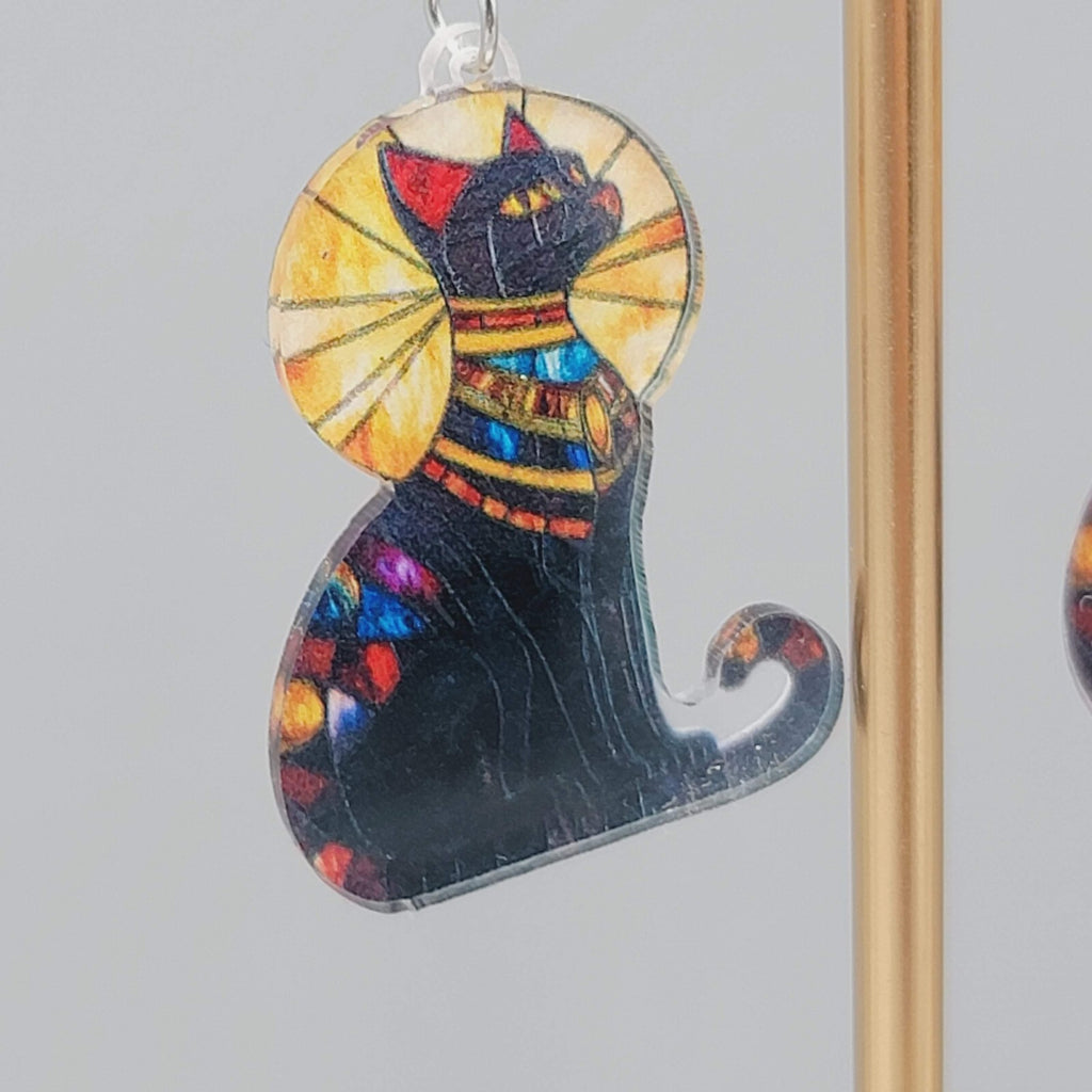 Egyptian Kitty Cat Sun Ray Pierced Earrings Stained Glass Look Acrylic 1.5"