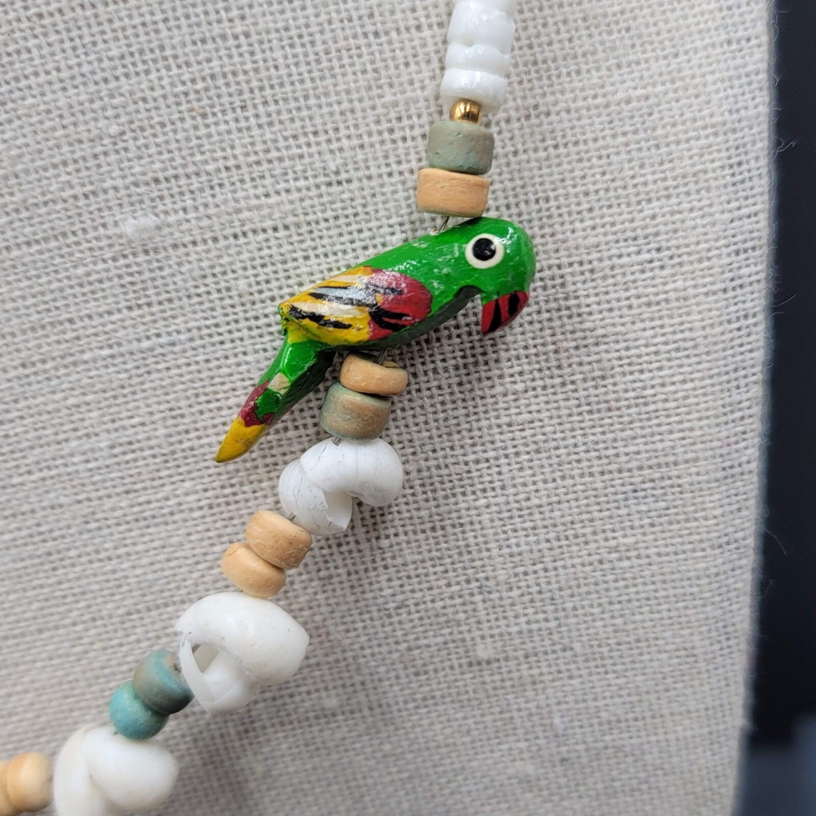 Vintage Shell Necklace Wood Hand Painted Parrot Beads 18"