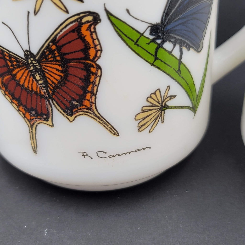 Vtg White Milk Glass Coffee Mugs Made in France Lot of 3 Butterfly Flowers Plant