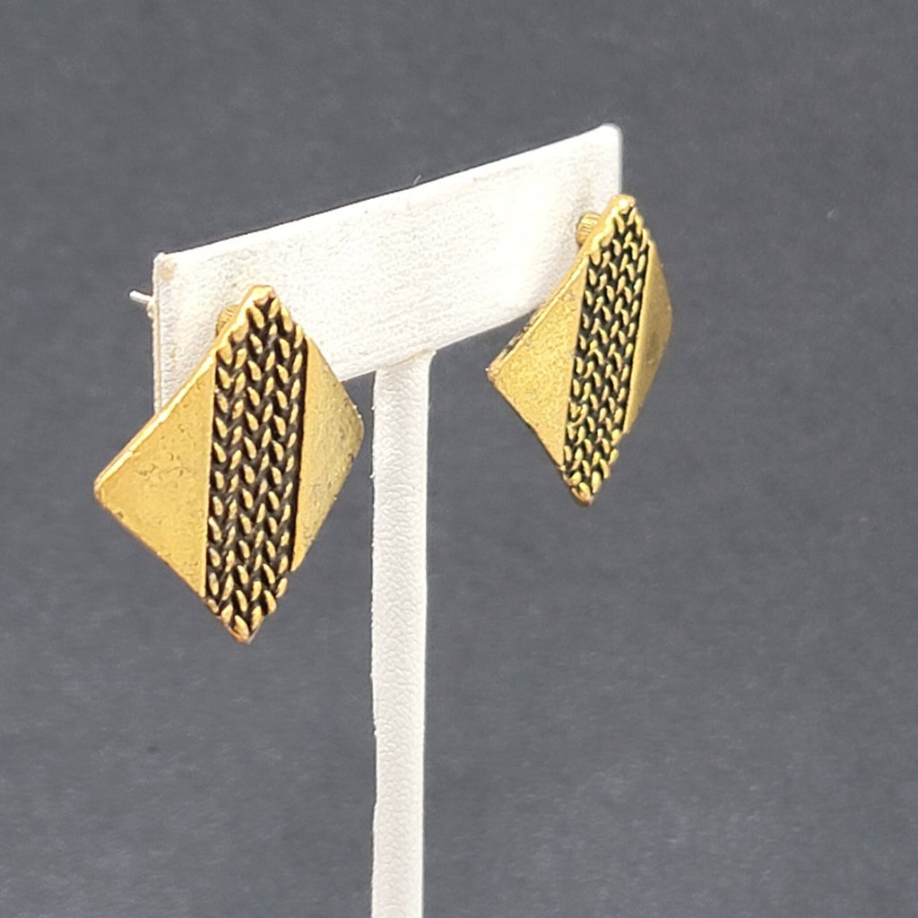 Pierced Earrings Antiqued Gold tone Brutalist Square Drop 1"