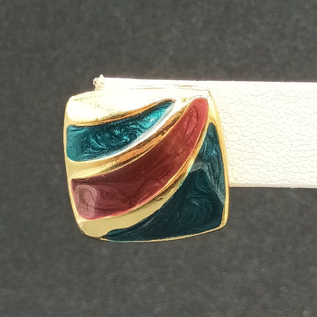 Vintage Pierced Earrings Gold plated Green Purple Enamel Geometric Drop 7/8"