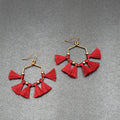 Pierced Earrings Gold tone Red Tassel Fun Fashion Statement Dangle 2"