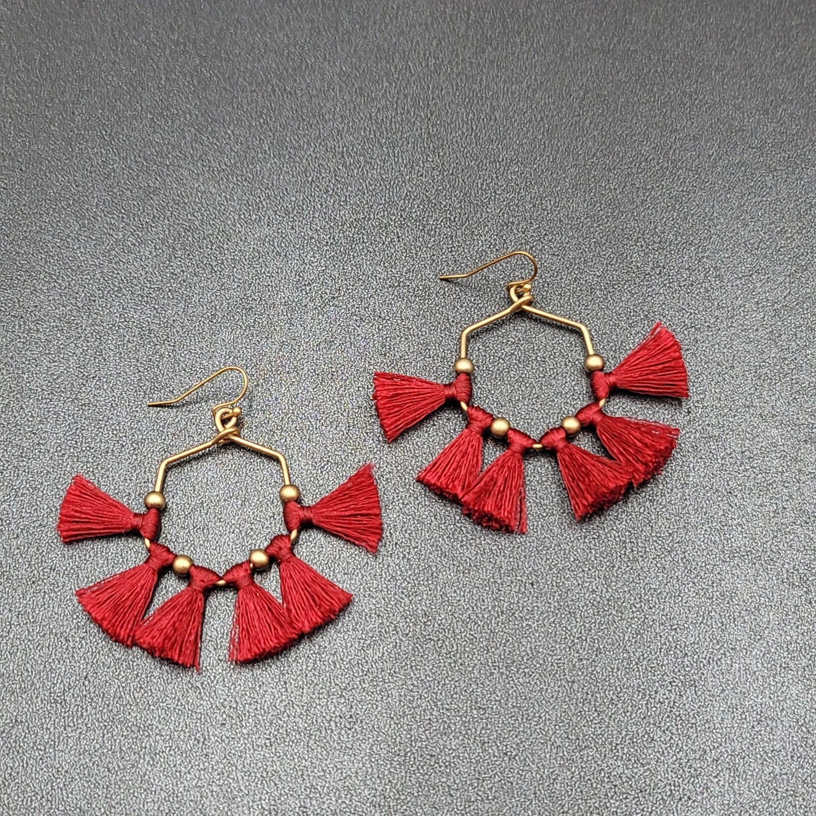Pierced Earrings Gold tone Red Tassel Fun Fashion Statement Dangle 2"