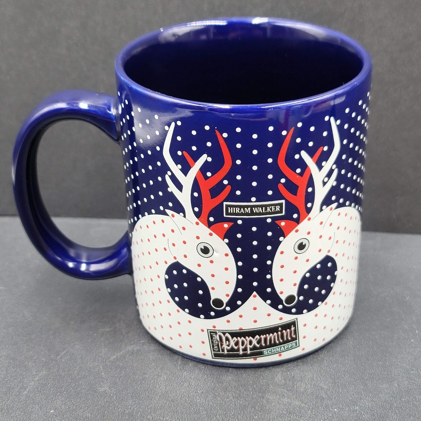 Hiram Walker Peppermint Schnapps Reindeer Coffee Mug blue red white