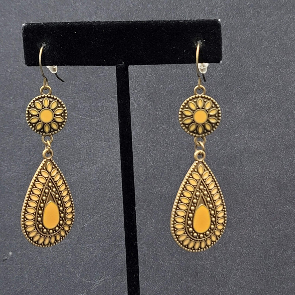 New Boho Pierced Earrings Antiqued Gold tone Lt Orange Enamel Teardrop Dangle 2"