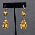 New Boho Pierced Earrings Antiqued Gold tone Lt Orange Enamel Teardrop Dangle 2"