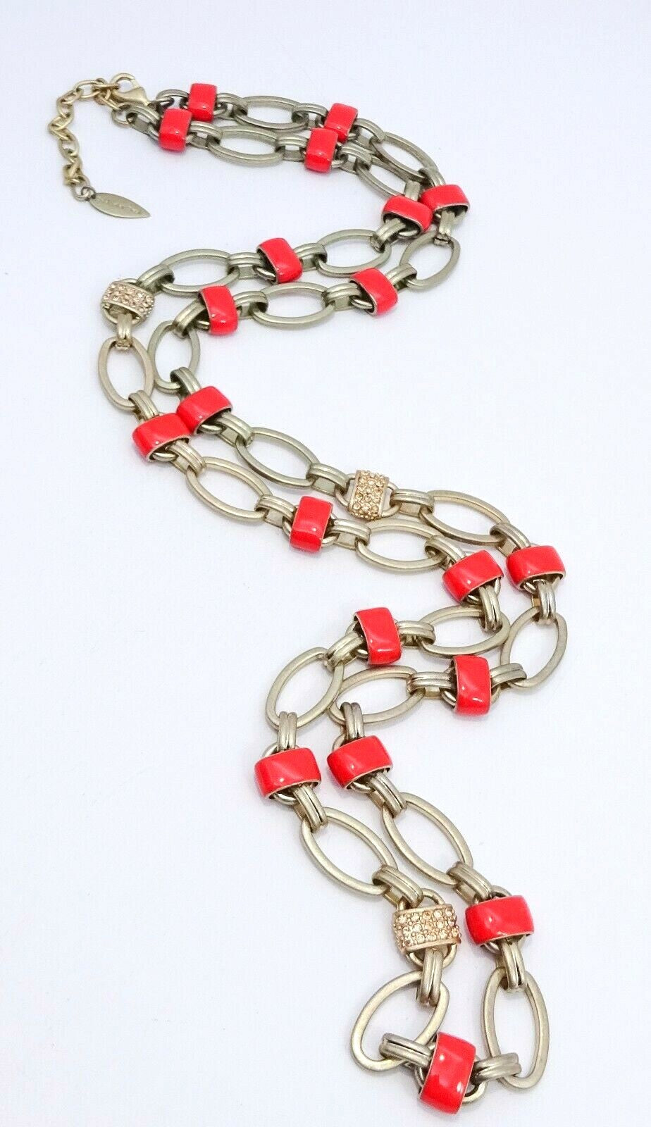 COLDWATER CREEK Gold tone Red Enamel Rhinestone Necklace 36" - 38"