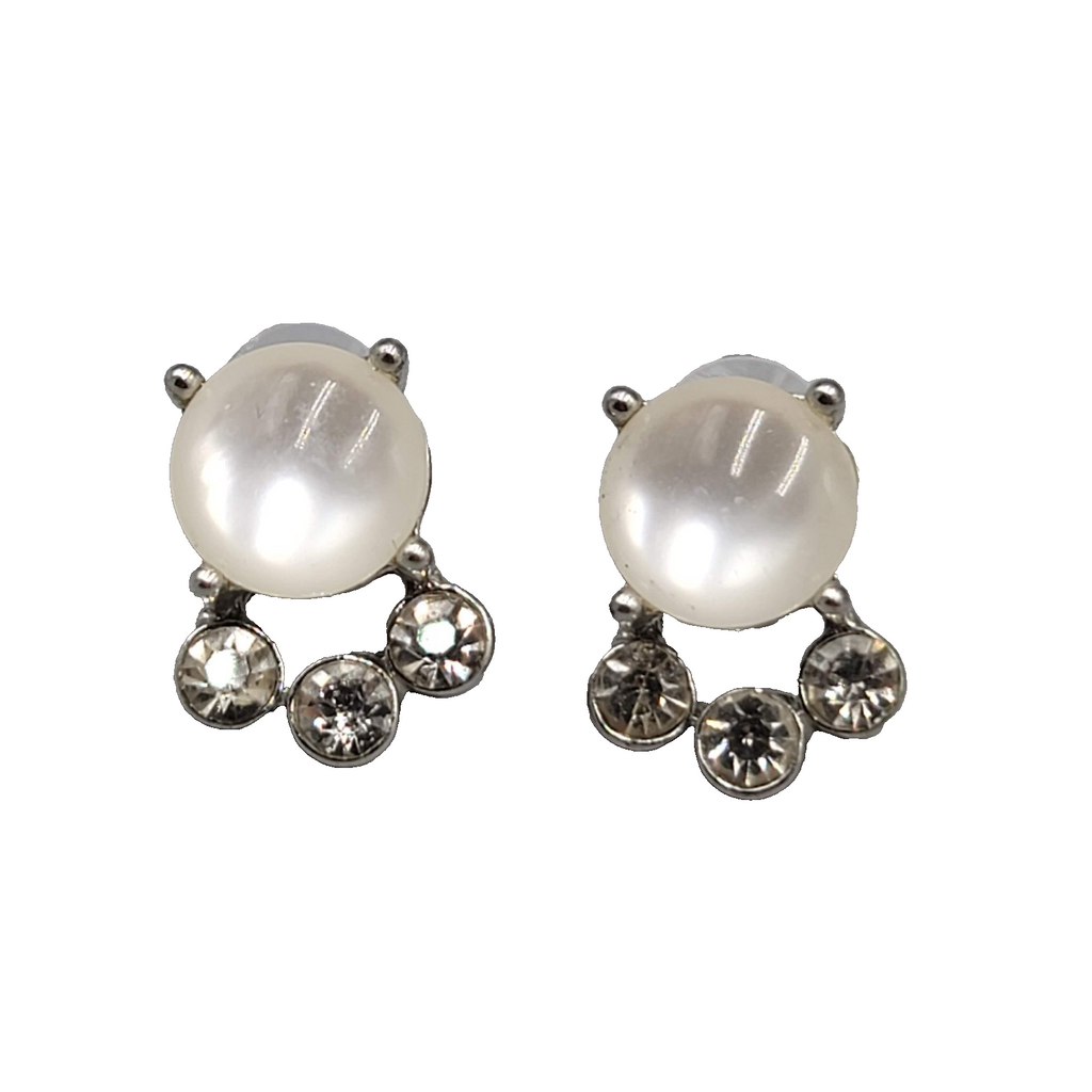 White Moonglow Rhinestone Rhinestone Pierced Earrings Silver tone Drop 3/4 in