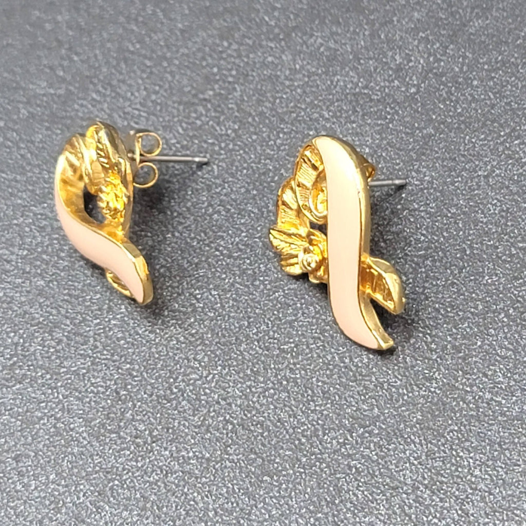 Vintage Avon Pierced Earrings Breast Cancer Awareness Ribbon Heart Pink Enamel