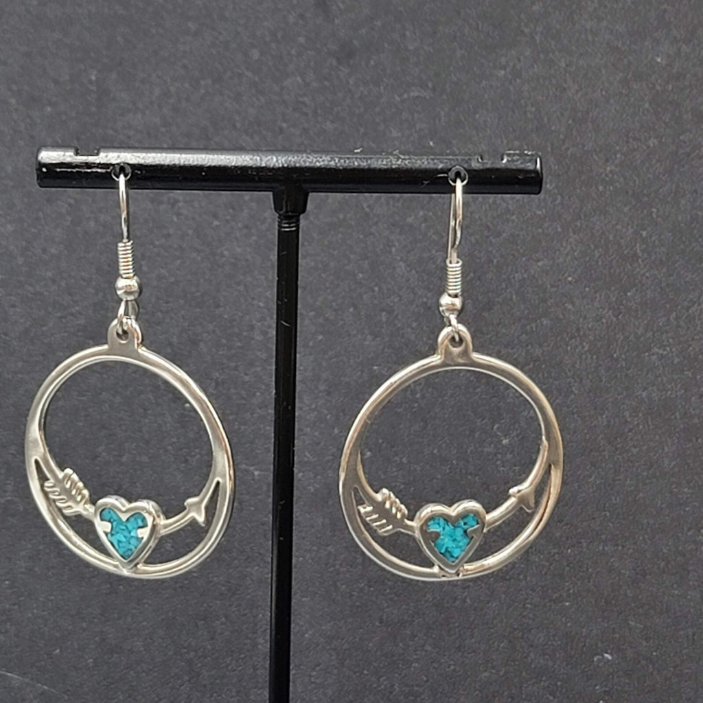 Vtg Pierced Earrings Silver tone Southwest Crushed Turquoise Heart Arrow 1.25"