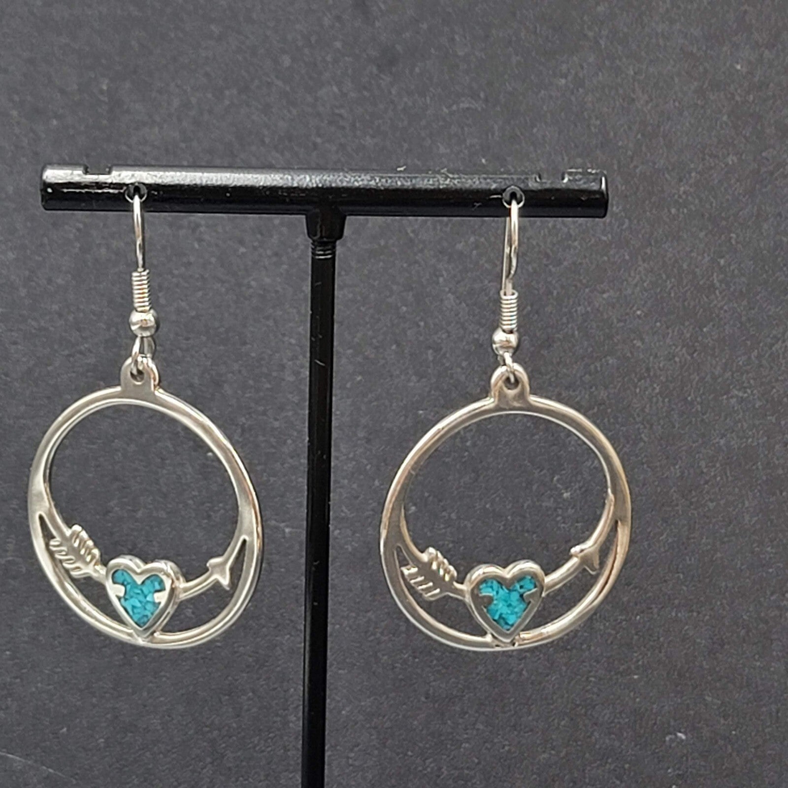Vtg Pierced Earrings Silver tone Southwest Crushed Turquoise Heart Arrow 1.25"