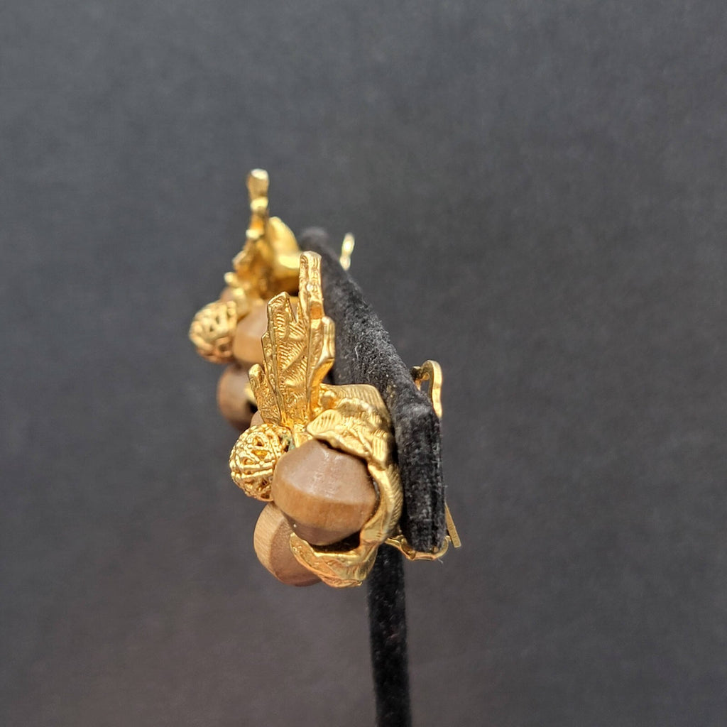 Vintage ART Clip on Earrings Gold Plated Wood Beads Leaf Design Climber 1.25"
