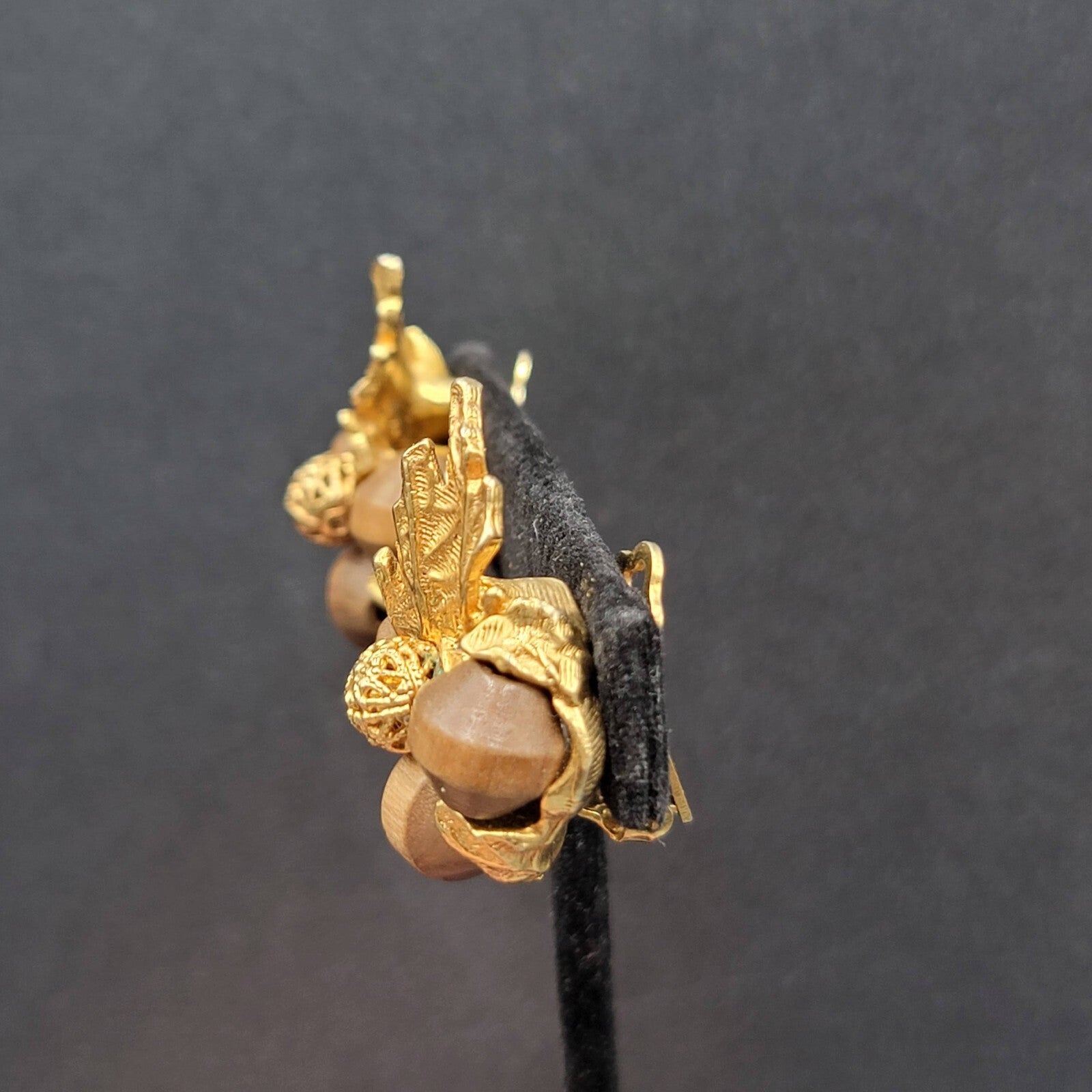 Vintage ART Clip on Earrings Gold Plated Wood Beads Leaf Design Climber 1.25"
