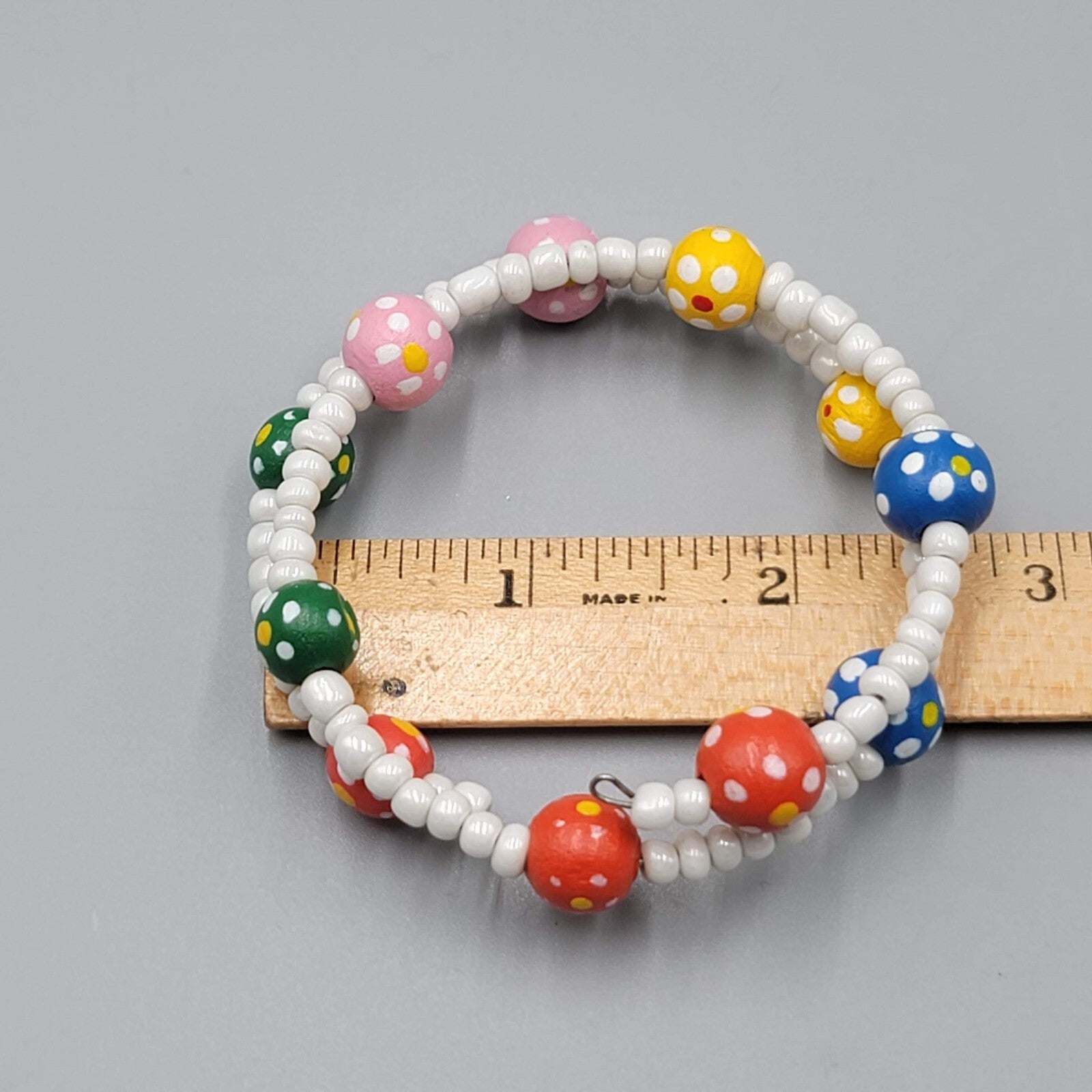 Memory Wire Bracelet Hand Painted Wood Beads White Seed Bead Adj.