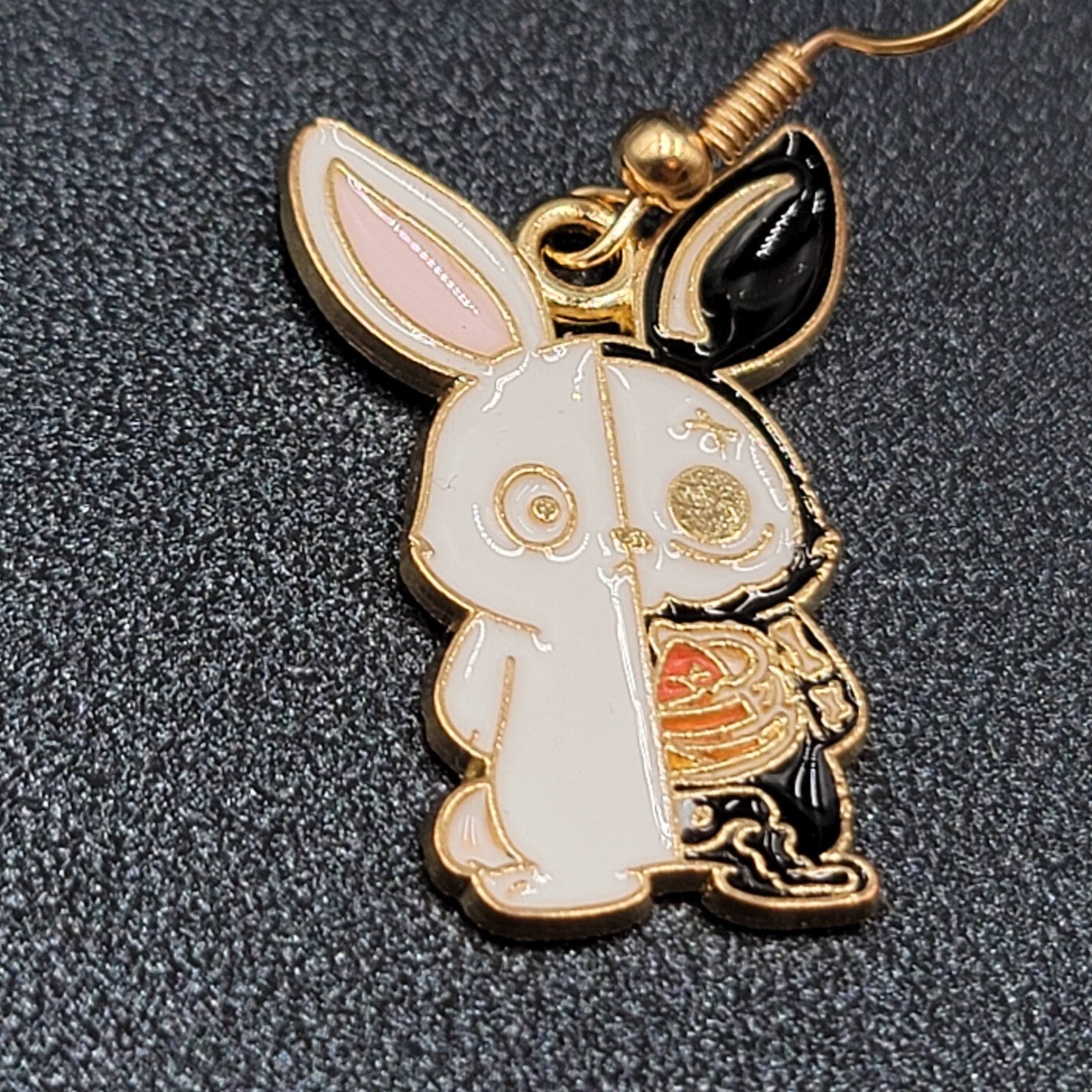 Zombie Rabbit Bunny Pierced Earrings Halloween Half Skeleton Enamel Dangle 1"