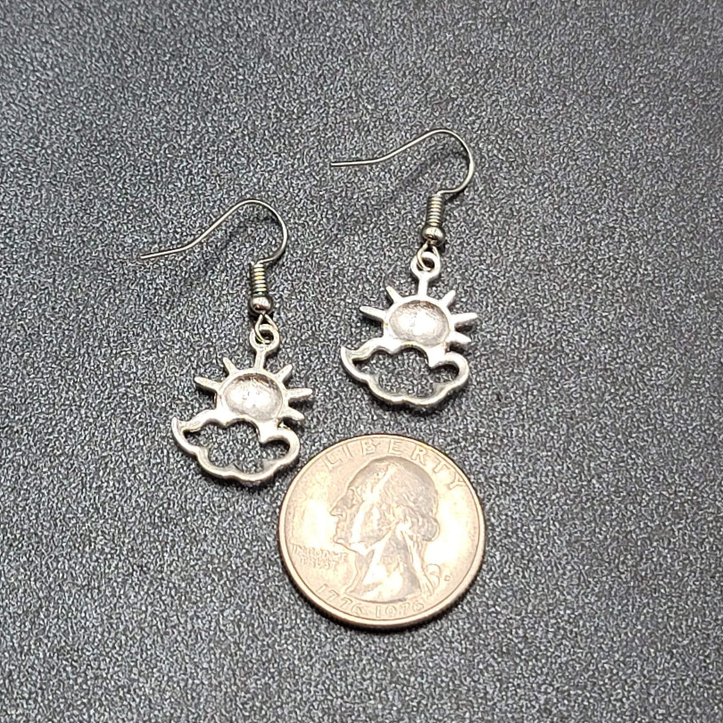 New Happy Sun Clouds Pierced Earrings Silver tone Dangle 3/4"