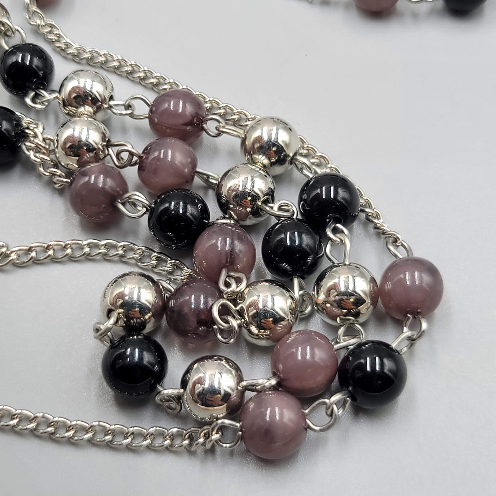 Long Double Chain Necklace Purple Black Bead Long 36" & 42"