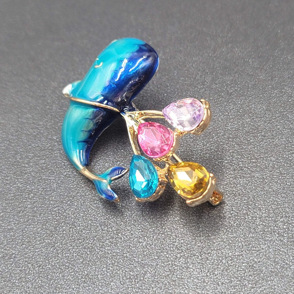 Crystal Rhinestone Whale Brooch Blue Enamel Multi Color Balloons 1 7/8"