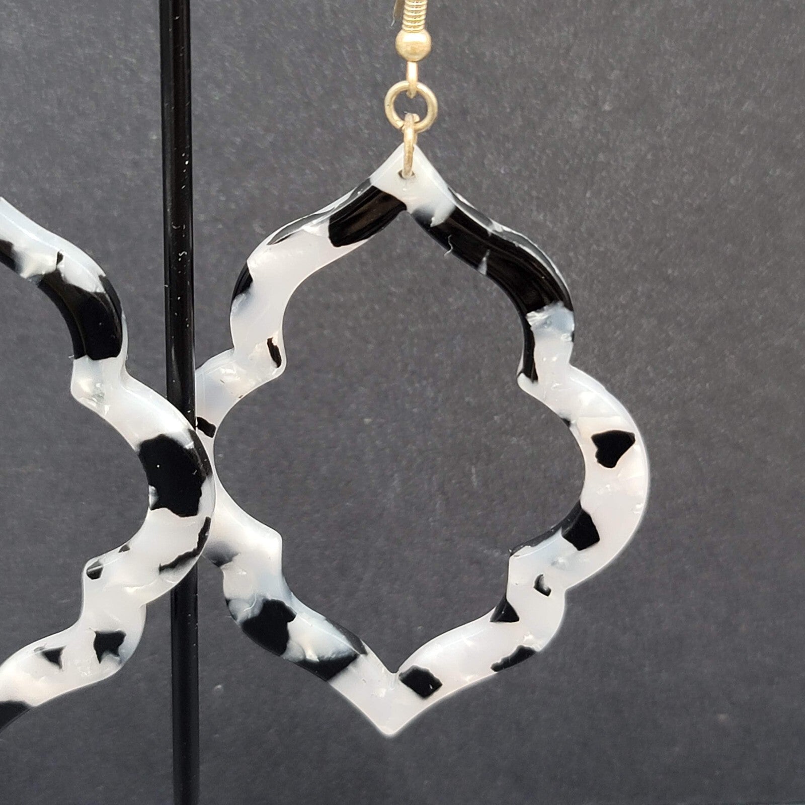 Pierced Earrings Black Gray Acrylic Open Statement Dangle 2.5"