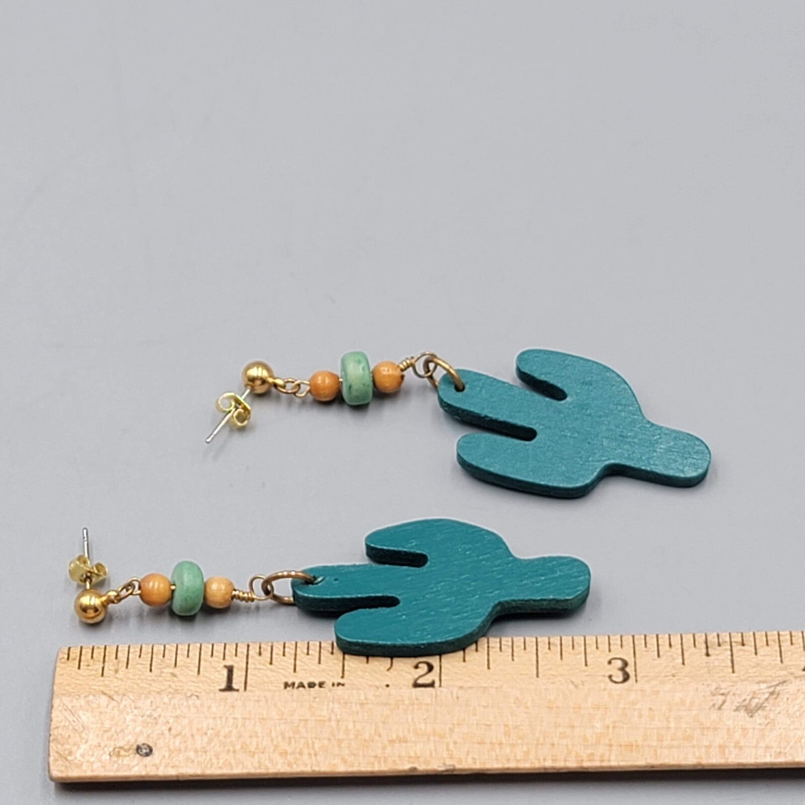 Vintage Wood Cactus Pierced Earrings Bead Dangle 2.75"