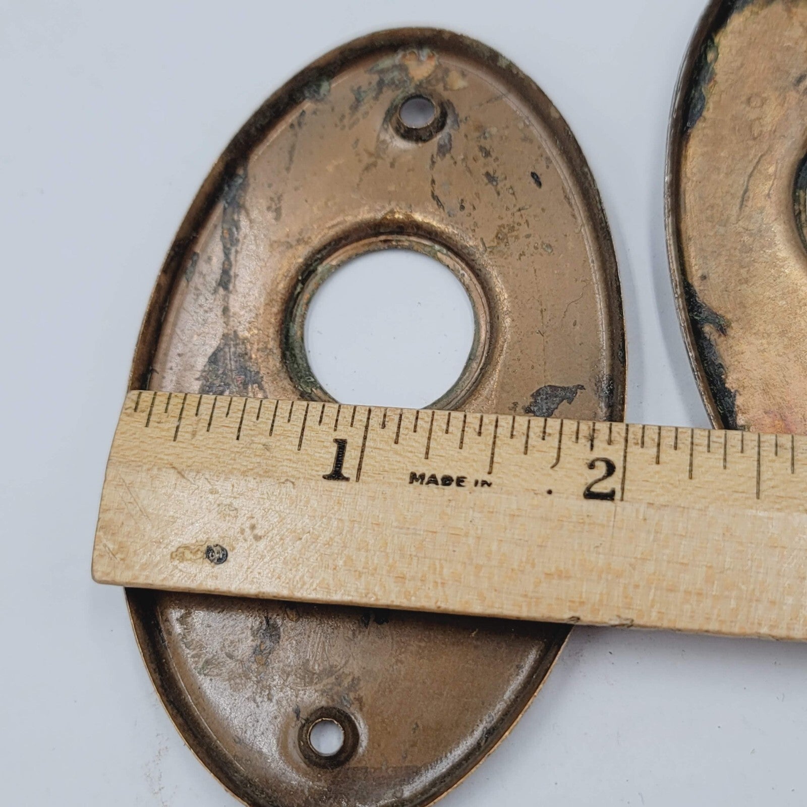 Vintage PAIR Oval Doorknob Back Plate 3 1/4" x 2" holes 3/4"